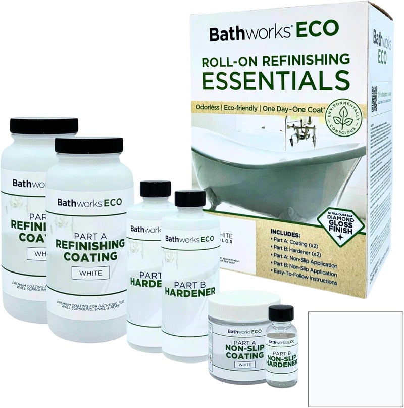 Bathworks ECO Essentials Roll-On Refinishing Kit - 26 fl oz (1.6 Pint), Low Odor, Low VOC, DIY Epoxy Coating with Non-Slip Application - High Gloss White Finish for Bathtubs, Tile, Sinks, Showers & Countertops - Image 1